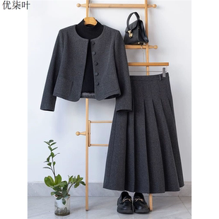灰色小香风短款毛呢外套女士秋冬小个子气质呢子西装套装裙两件套