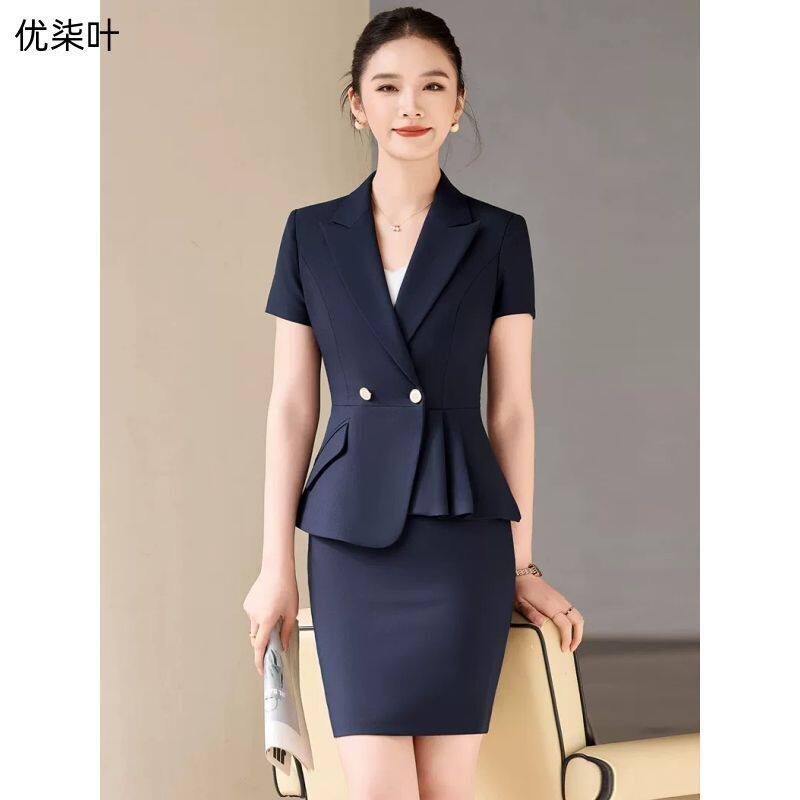 蓝色短袖西装套装女售楼部银行前台制服工装OL气质经理职业工作服