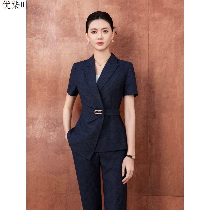 高端条纹短袖西装套装女夏博款职业气质酒店经理工装珠宝店工作服图片