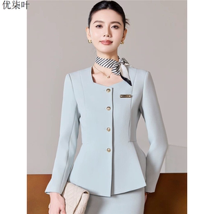 浅绿色西装外套女秋冬美容师工作服高端美业前台气质收腰职业套装