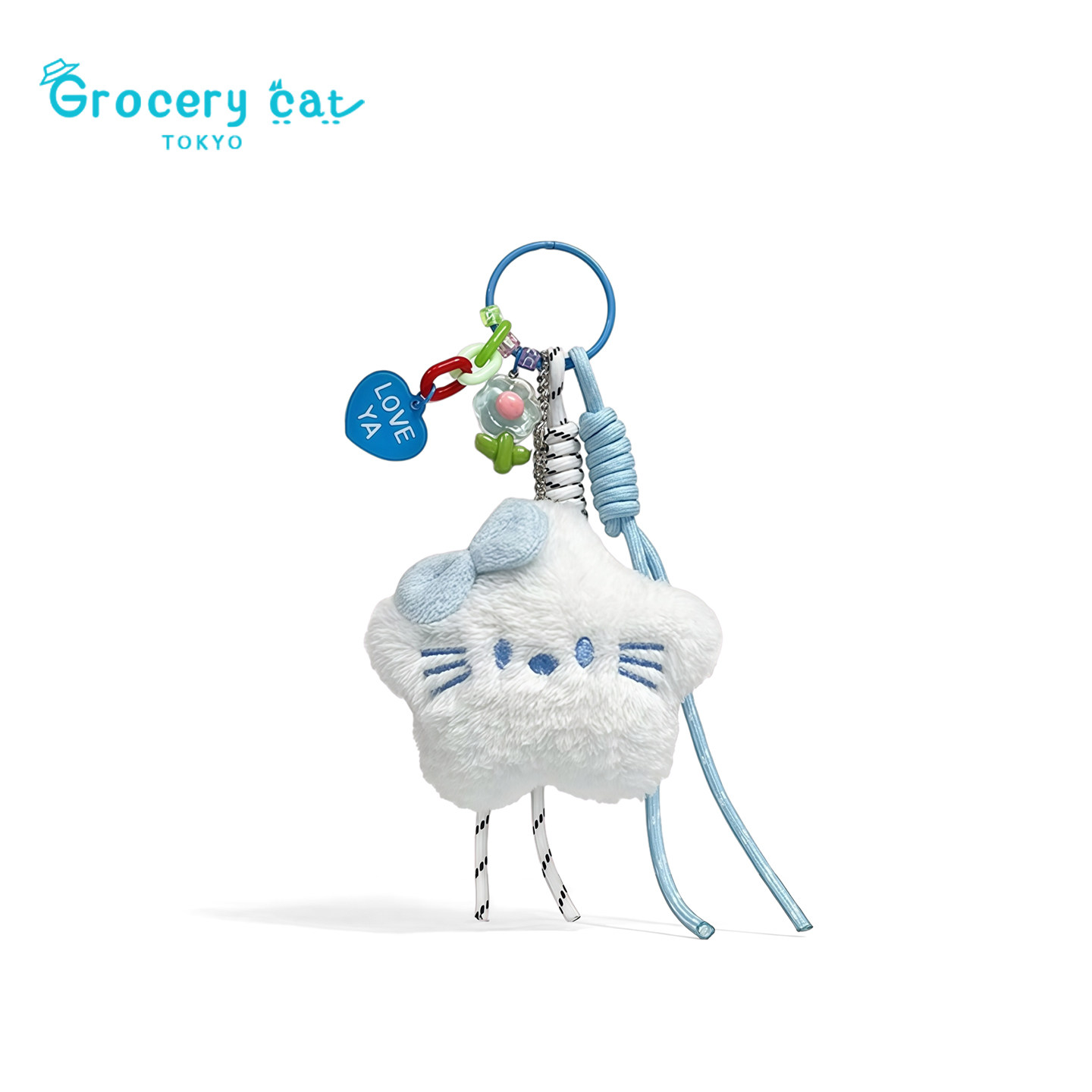 日本Grocery Cat可爱蝴蝶结蓝色KT星星毛绒公仔包包挂件