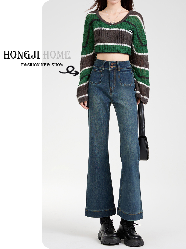 覆古蓝色高腰微喇叭裤2025年夏季女性新款修身九分裤适合小个子