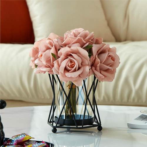 法式复古高级感花瓶家用客厅玻璃瓶茶几餐桌中古风仿真花轻奢摆件