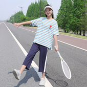 休闲上衣 半袖 初中生条纹t恤女圆领宽松少女装 13岁女孩15学生夏季