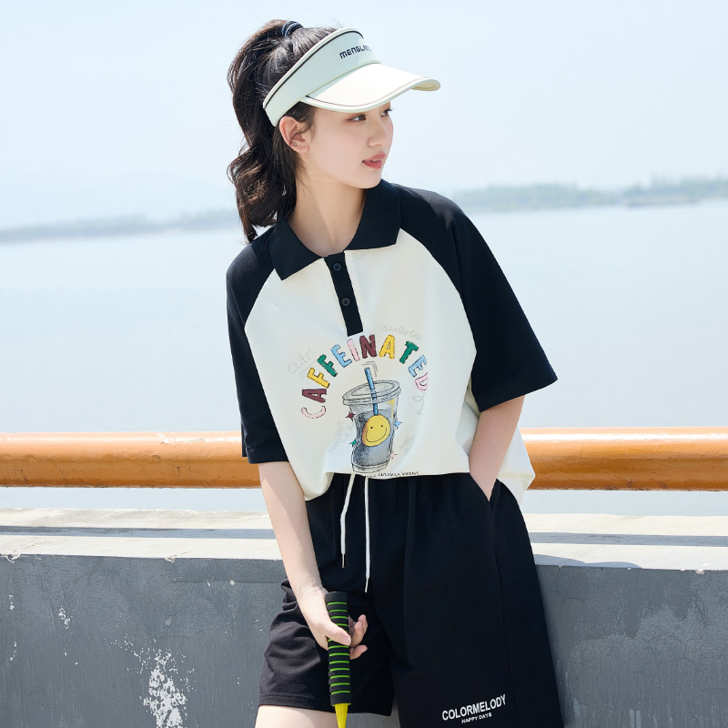初中生polo衫T恤时尚休闲运动套装女韩版印花宽松短裤跑步两件套