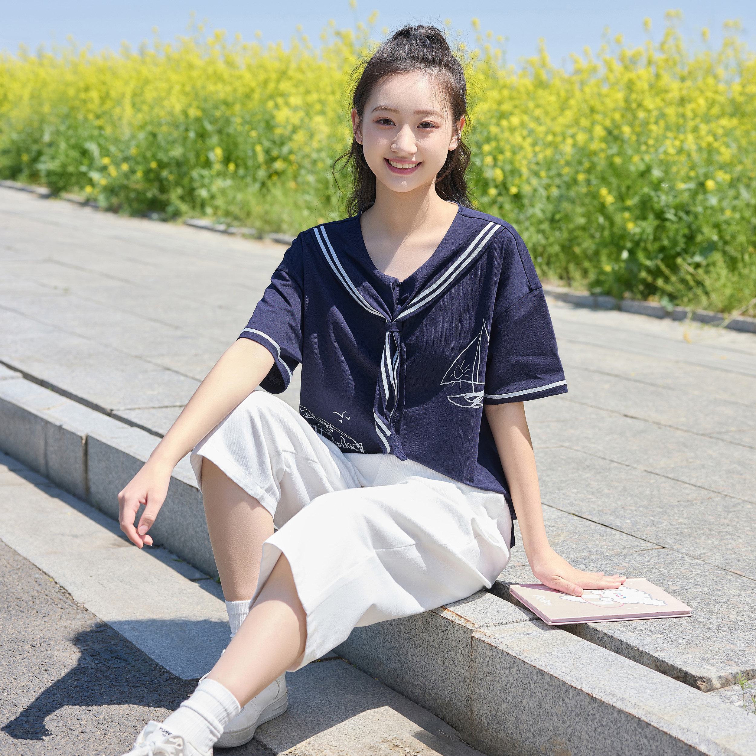 初中生t恤学院风海军领短袖T恤衫女夏季蓝色水手服高中生上衣韩系