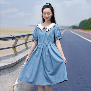 中学生牛仔连衣裙纯棉裙子收腰大摆裙时尚夏装15岁少女中长款裙子