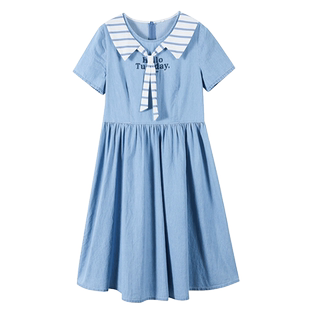 初中生夏装牛仔连衣裙少女大童领结休闲收腰学院风高中中长款裙子