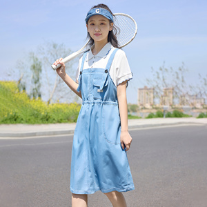 学院风牛仔背带连衣裙初中生女大童翻领短袖蓝色裙子高中生假两件