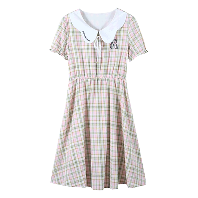 少女风连衣裙纯棉撞色格子绣花