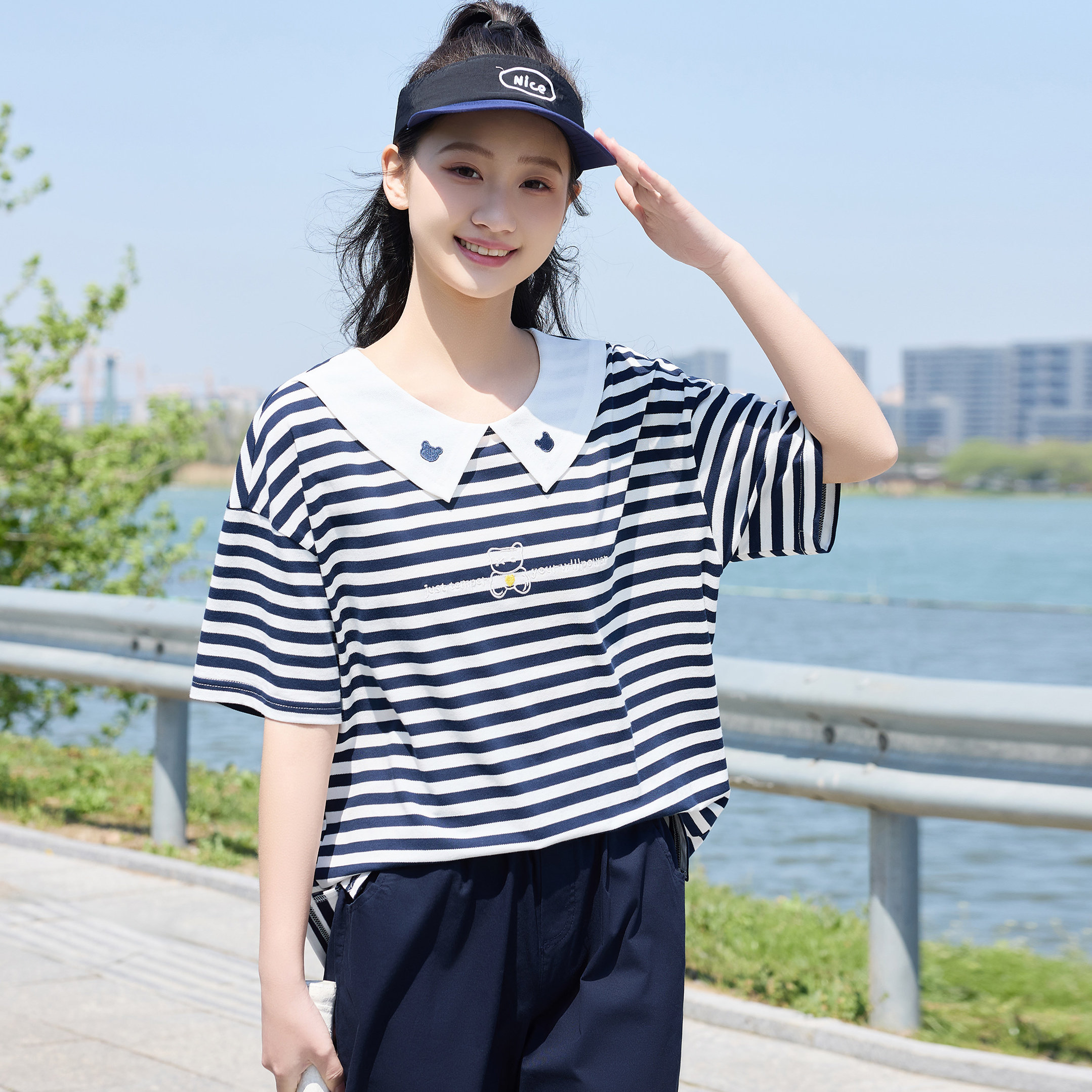 初中学生T恤条纹少女15岁夏装翻领体恤衫海军领学院风两件套短裤