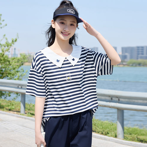海军领条纹短袖T恤女夏季学院风