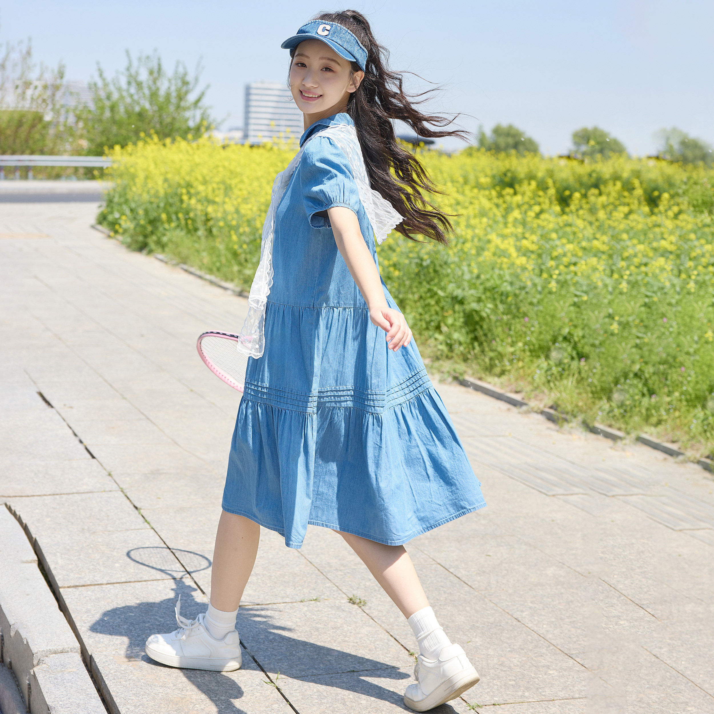 少女连衣裙中学生牛仔裙大童蕾丝披肩初中生裙子高中生学院风女装