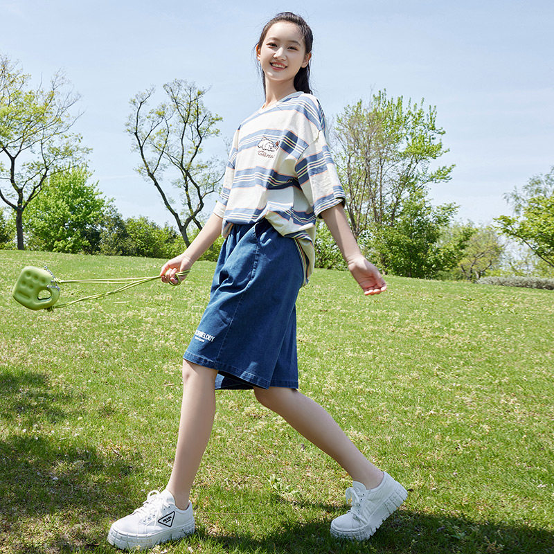 学生短袖t恤纯棉套装宽条纹少女夏装12岁13女孩16初中夏季五分裤