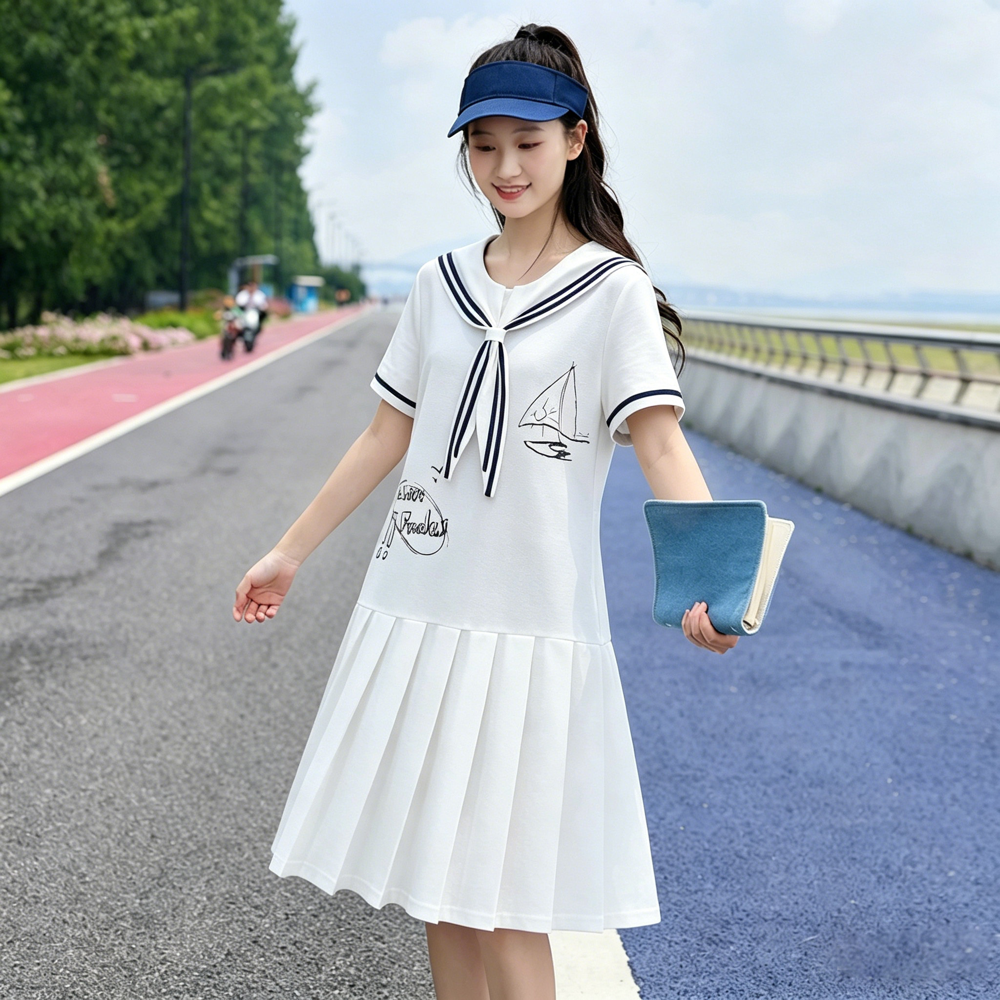 少女休闲风连衣裙趣味绣花海军领