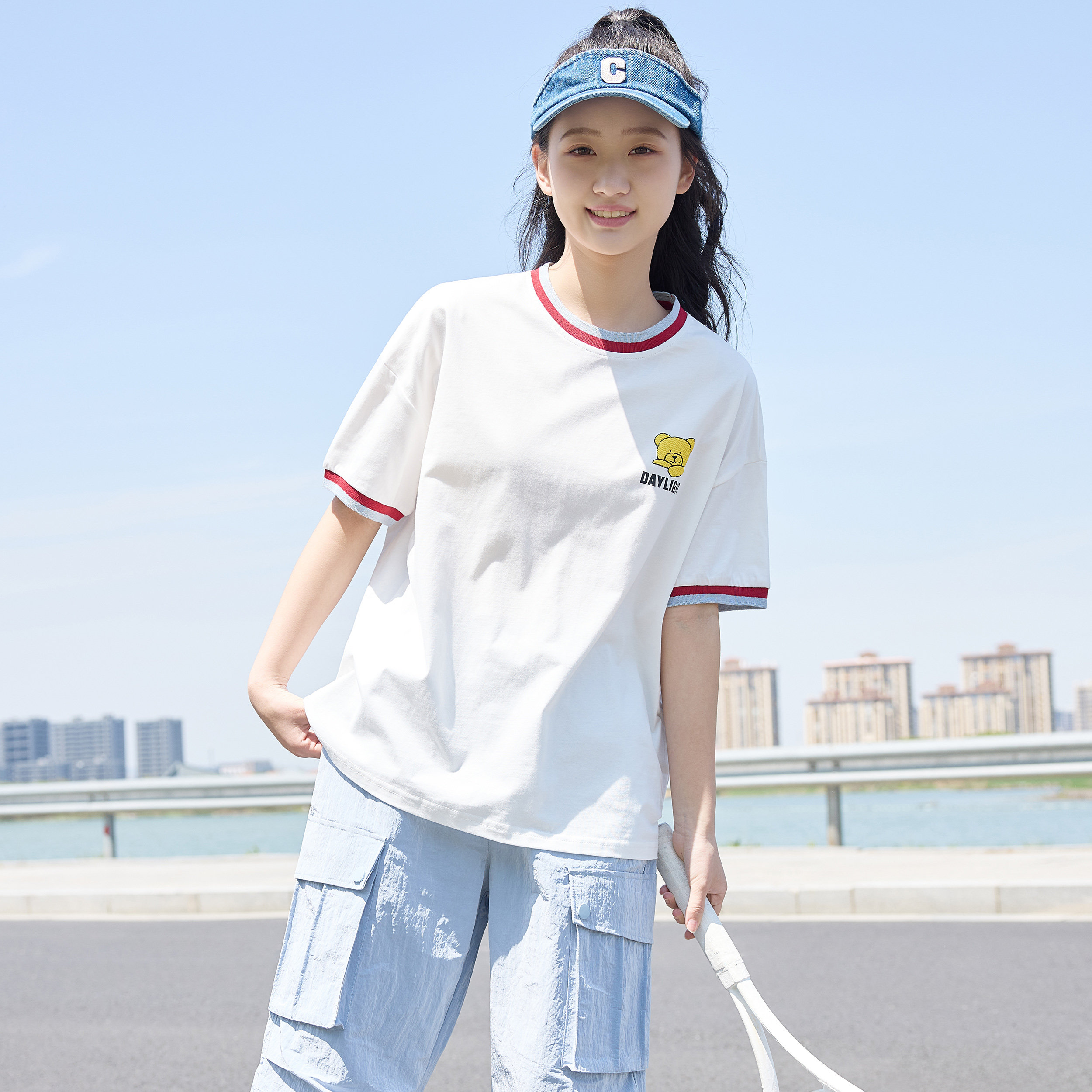 夏季纯棉宽松撞色卡通短袖T恤女