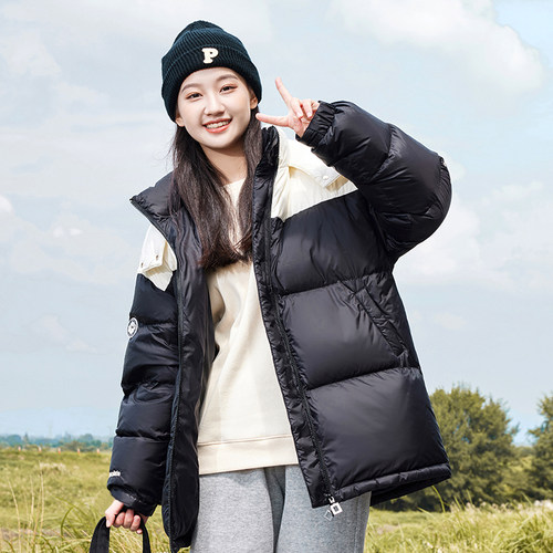 休闲宽松连帽撞色拼接羽绒服