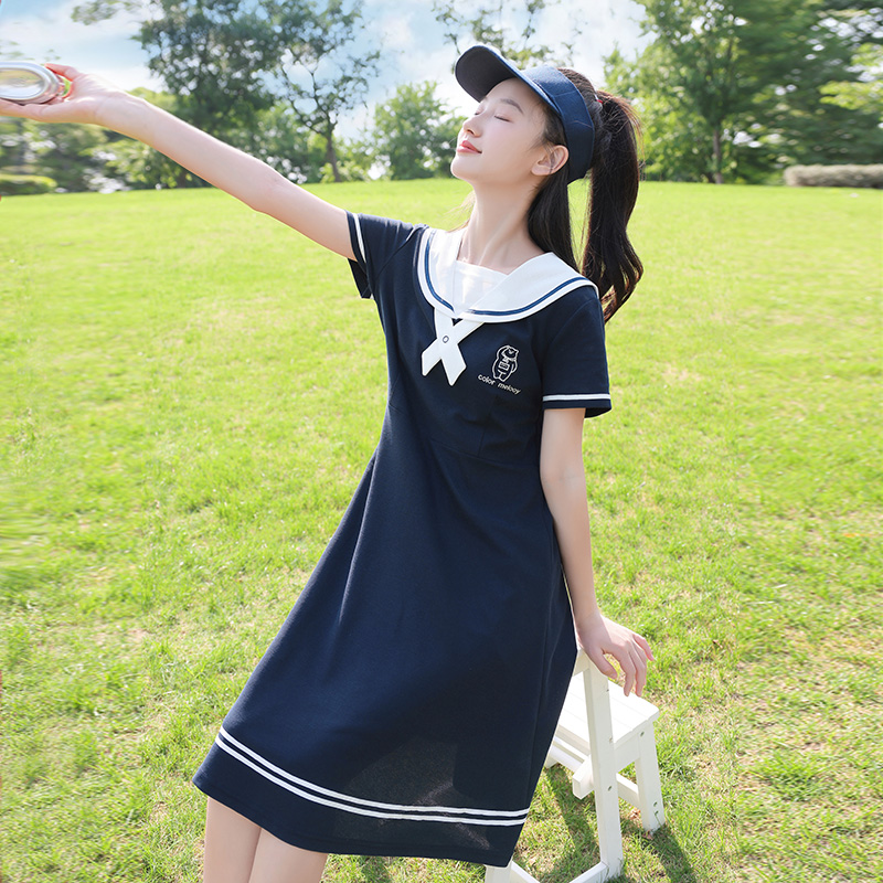 中学生连衣裙海军风初中生少女裙子2025年夏季新款夏装海军领高中