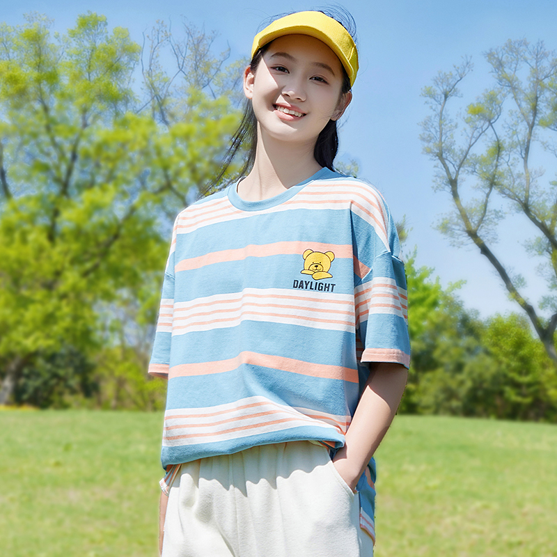 学生短袖t恤条纹女纯棉少女15岁初中生夏季半袖宽松上衣圆领体恤