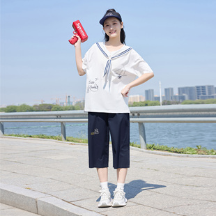 初中生运动套装学院风海军领T恤女夏蓝色水手服高中生上衣两件套