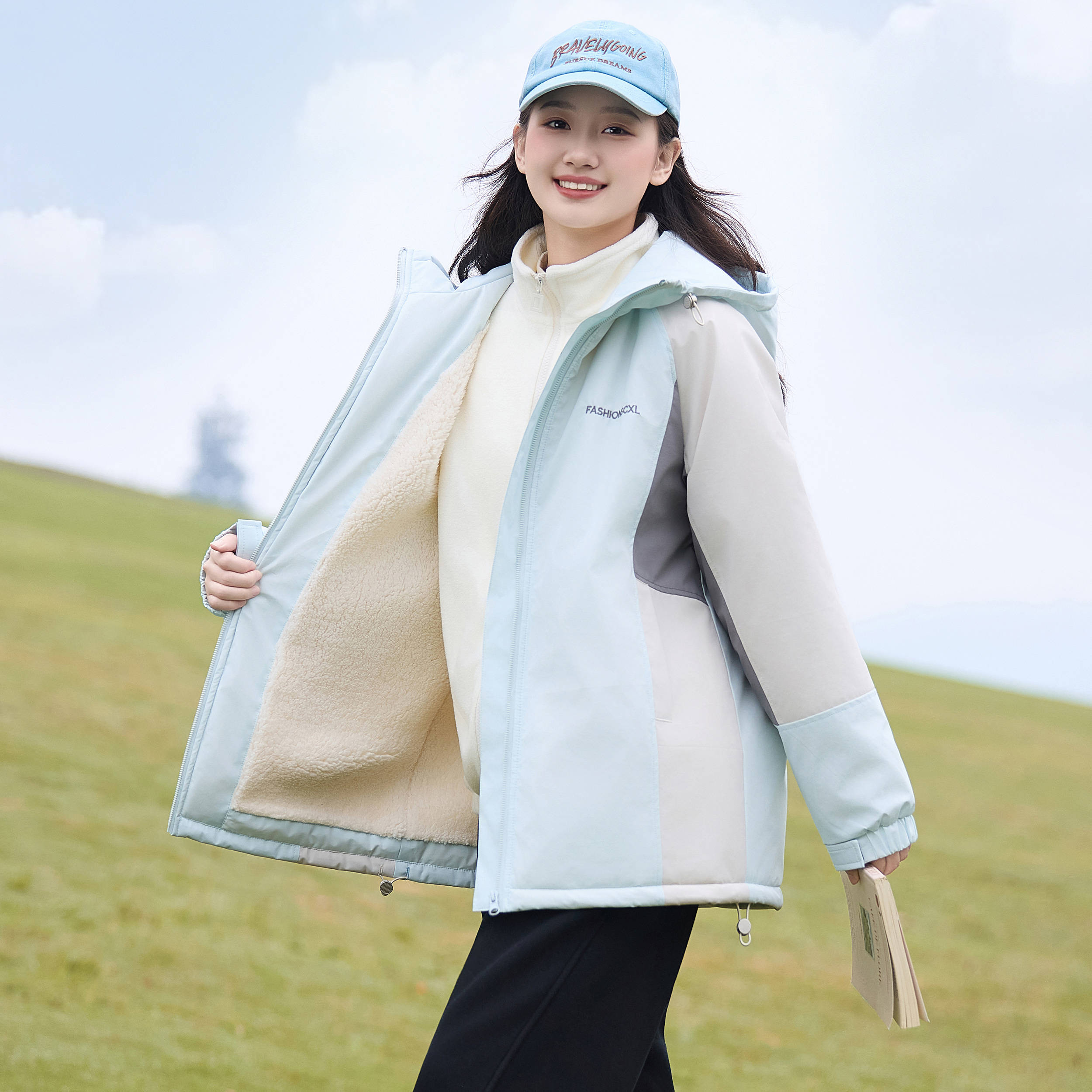 学生外套加绒棉服羊羔绒风衣棉袄