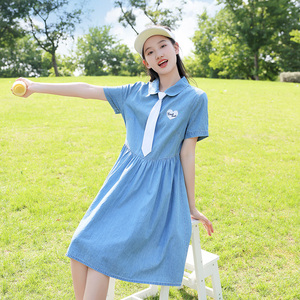 少女牛仔连衣裙2026夏季新款高中初中生15岁女孩裙子衬衫领学院风