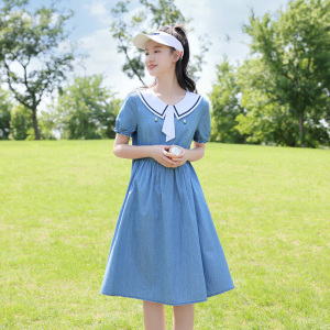 少女牛仔连衣裙2026夏季新款高中初中生15岁女孩裙子娃娃领学院风