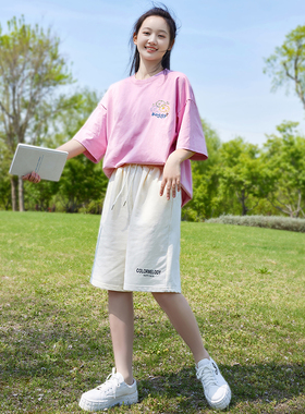初中女生t恤套装女孩短袖纯棉运动装全棉绣花宽松休闲短裤两件套