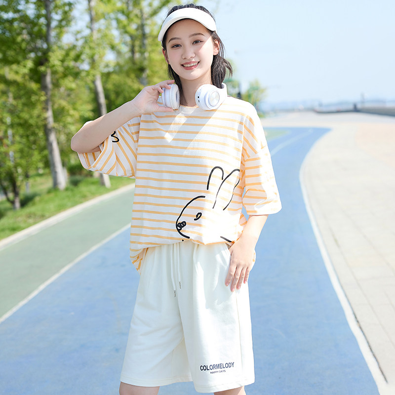 初中生宽松圆领T恤棉少女夏季大童休闲运动套装女学生短裤两件套