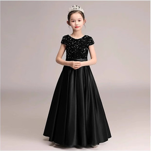 儿童钢琴演出服黑色藏青色亮片走秀演出服女孩管弦乐团大合唱长裙