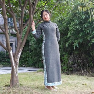 长旗袍新款 修身 日常无省后插肩羊毛呢九分袖 淑缘踏月2023年秋冬季