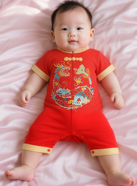满月宝宝衣服夏季新生婴儿百天红色喜庆抓周唐装纯棉周岁男宝礼服