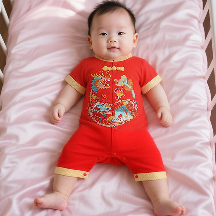 满月宝宝衣服夏季新生婴儿百天红色喜庆抓周唐装纯棉周岁男宝礼服