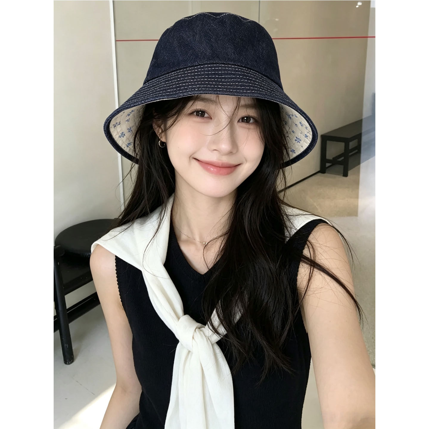 双面可戴一面牛仔一面碎花小清新