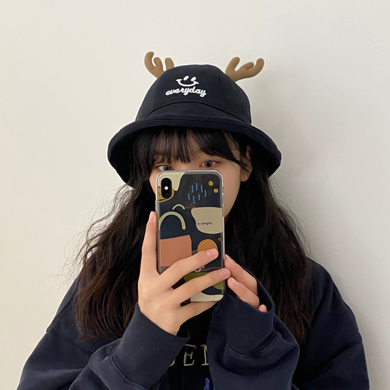 日系ins休闲软妹可爱鹿角渔夫帽女春夏韩版百搭学生笑脸刺绣盆帽