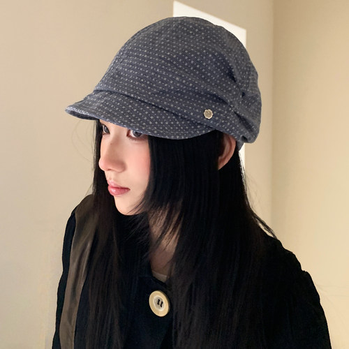 韩系文艺碎花波点褶皱贝雷帽女百搭慵懒风显脸小大头围小标报童帽