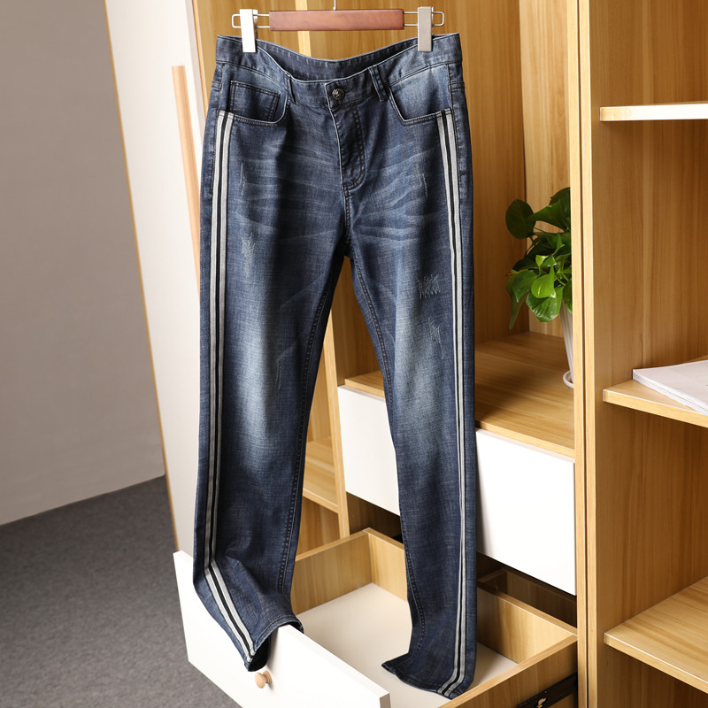 帅气！时尚侧条纹 夏季新品薄款男士牛仔裤 修身小直筒男装裤子