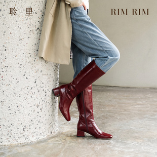 RIM RIM聆里法式经典粗跟长筒靴秋冬酒红色时装靴高级感骑士靴子
