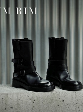 RIM RIM2025秋冬新款塑型马皮鞋切尔西短靴厚底皮扣黑色烟筒靴女
