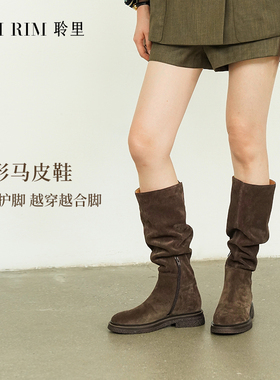 RIM RIM【胡可同款】复古堆堆靴女秋冬新款粗跟显瘦长筒靴不过膝