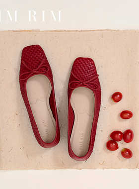 RIM RIM法式小香风蝴蝶结编织平底单鞋优雅新款浅口红色芭蕾舞鞋