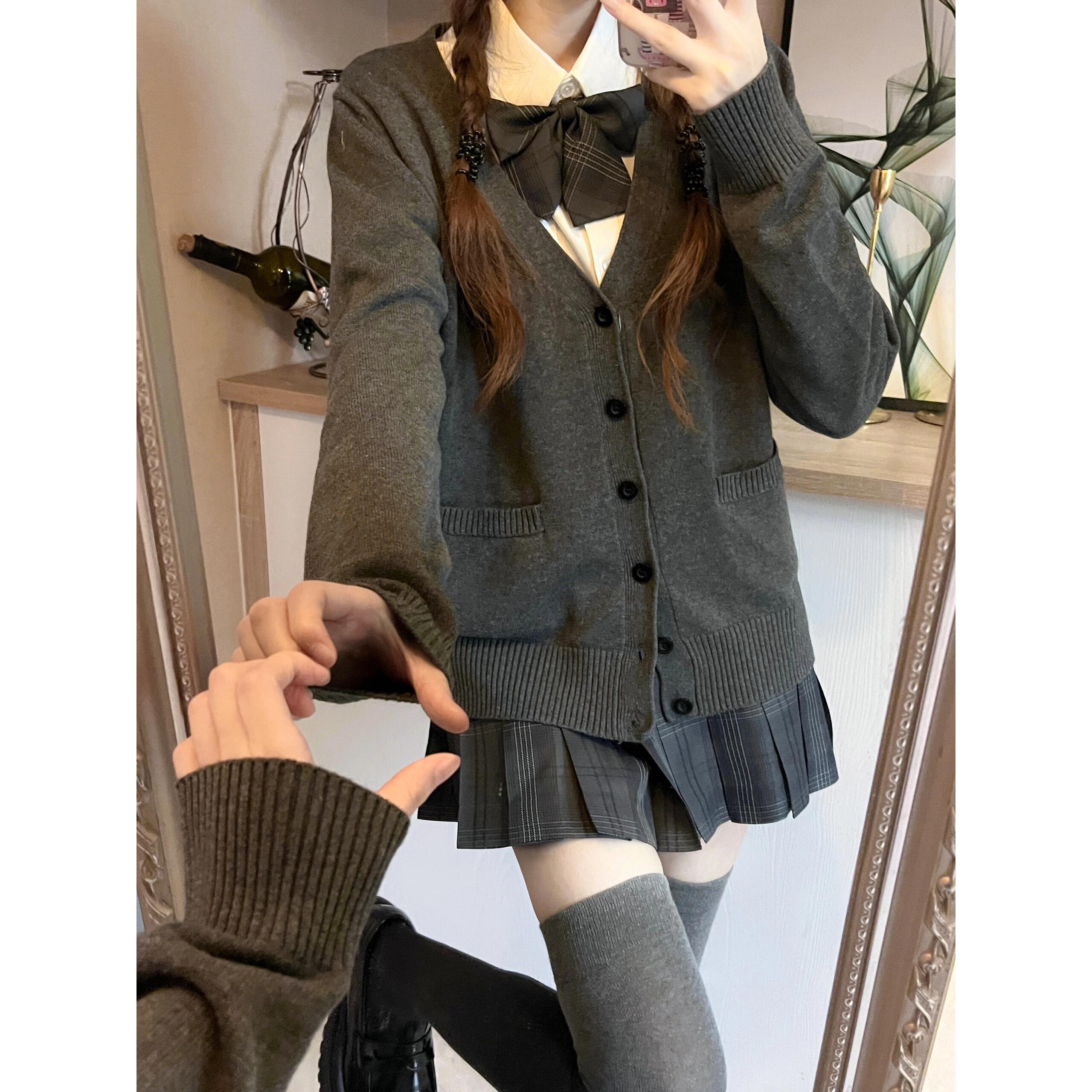 原创jk制服套装学院风日系深灰色毛衣开衫外套高腰百褶裙2025春秋