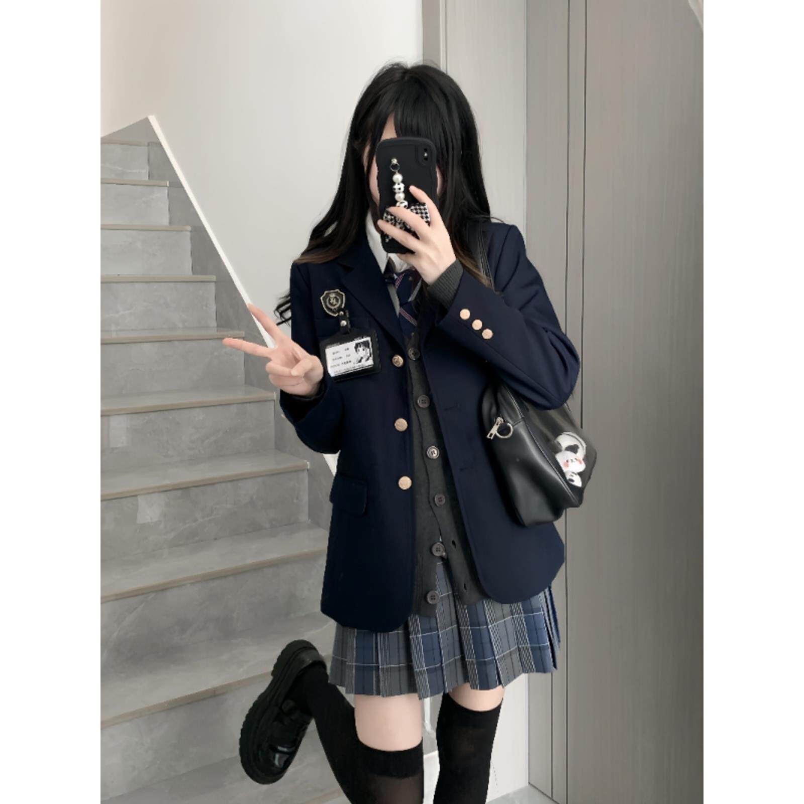 原创jk制服套装西装外套女日系校供感绀色西服针织开衫半身裙全套