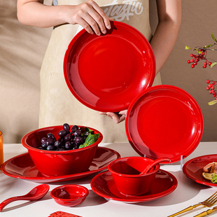 囍碗碟家用餐具套装喜庆高颜值碗盘结婚送礼乔迁礼盒釉下彩实用