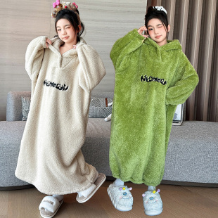 珊瑚絨睡裙秋冬加厚洋氣收裙口法蘭絨連帽睡袍保暖家居裙 女童長款