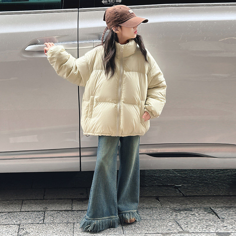 女童立领纯色羽绒服面包服冬装2025新款中大童白鸭绒保暖加厚洋气