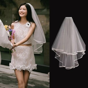 领证登记小头纱新娘结婚主婚纱头纱绸面包边求婚订婚W头饰拍照道