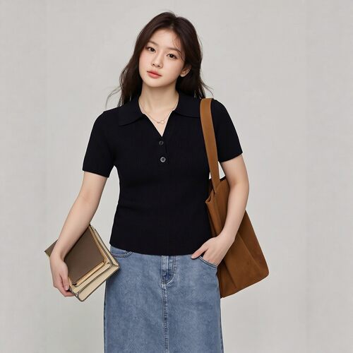 200斤胖mm通勤上衣女POLO领V领针织衫夏季短袖毛织衬衫办公正装