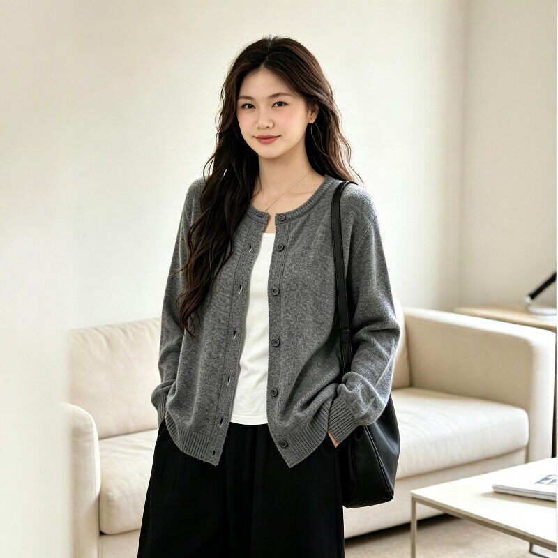 2026秋冬新款针织开衫女款纯色毛织薄外套大码长袖气质显瘦有弹力