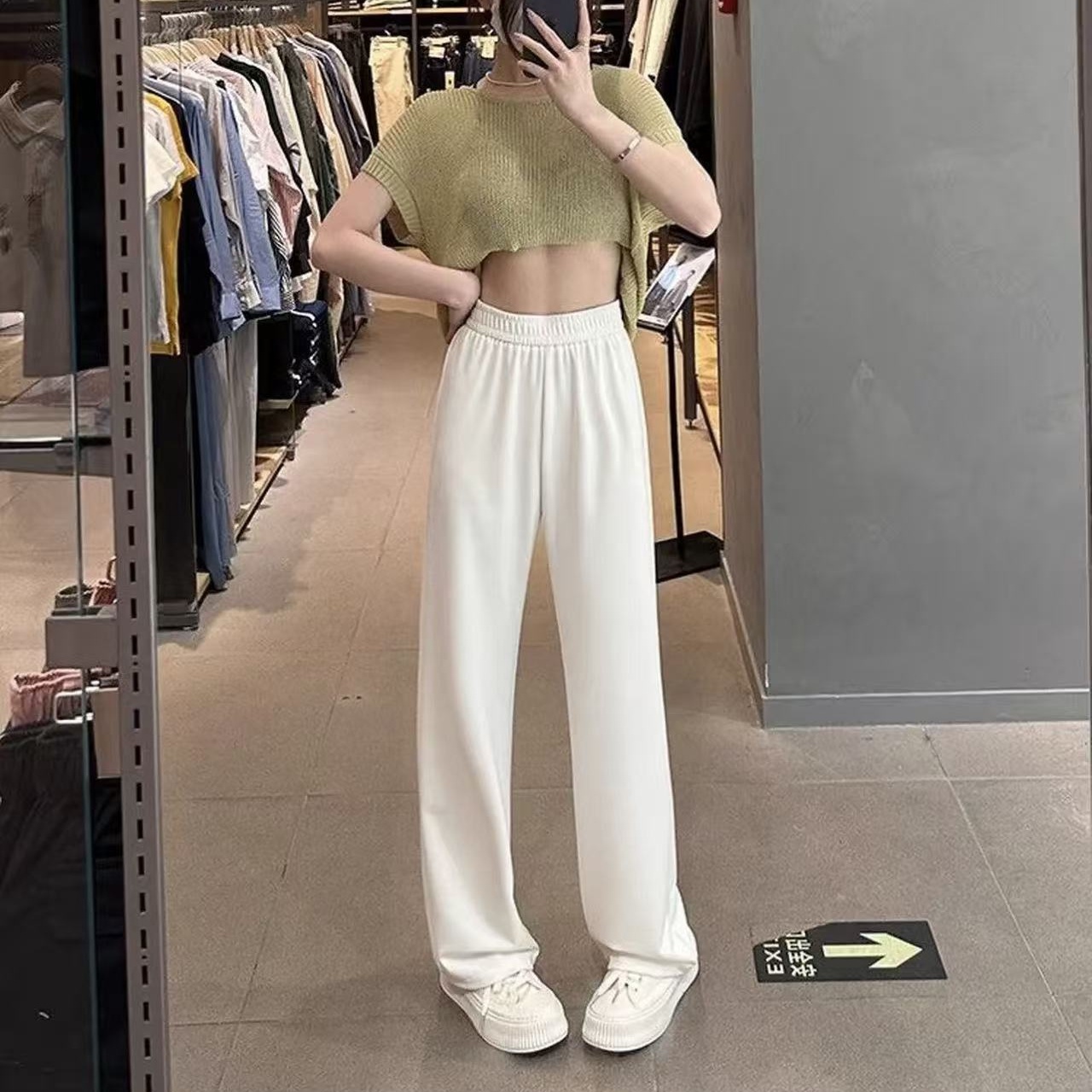 毛呢裤子女秋冬款加绒加厚高腰休闲垂感直筒裤白色显高窄版阔腿裤